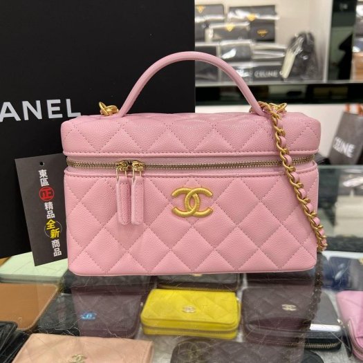 東區正精品㊣ CHANEL AP4483 全新香奈兒粉色荔枝牛皮大雙C手把金鍊雙拉鏈化妝箱飯盒包斜背包 RZ6054-0
