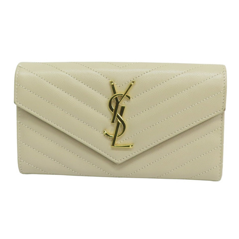 卡其色 山形紋牛皮 金扣 扣式長夾 372264【SAINT LAURENT YSL 聖羅蘭 】 372264