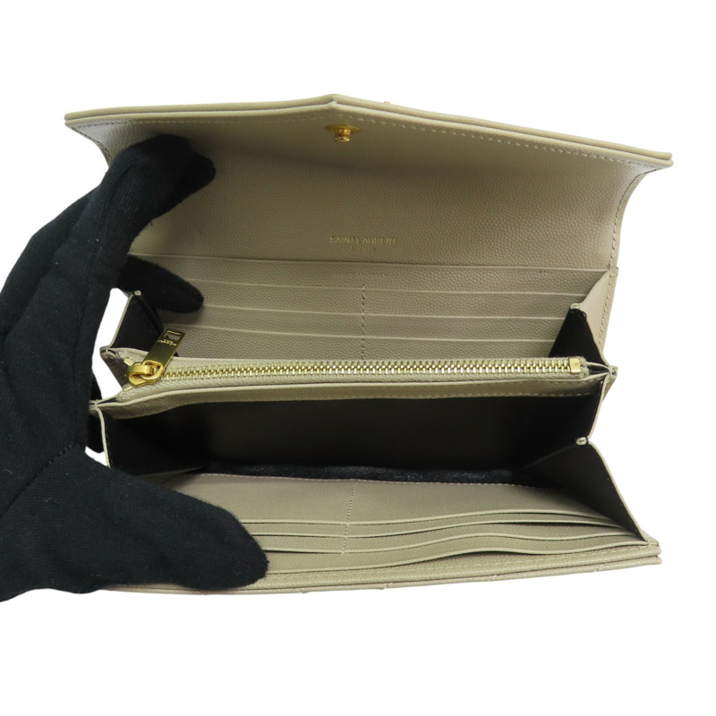 卡其色 山形紋牛皮 金扣 扣式長夾 372264【SAINT LAURENT YSL 聖羅蘭 】 372264-4