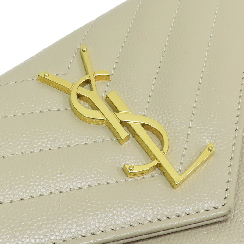 卡其色 山形紋牛皮 金扣 扣式長夾 372264【SAINT LAURENT YSL 聖羅蘭 】 372264-12