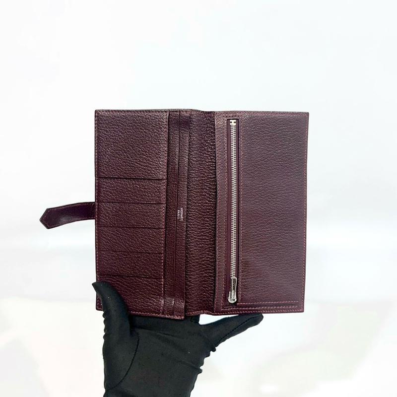 Hermes酒紅色H銀釦山羊皮Bearn Wallet長夾-6