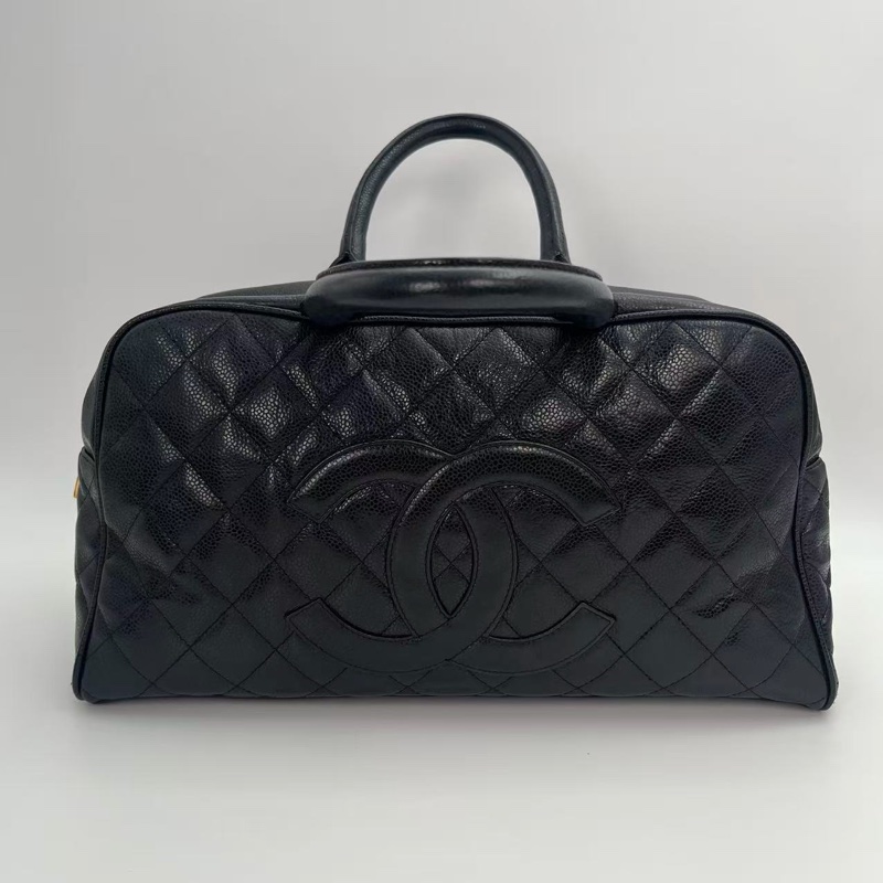 「JL精品代購」香奈兒黑金牛皮大logo手提保齡球小號-0