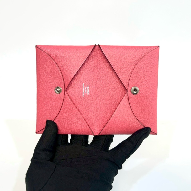 Hermes 8W杜鵑粉山羊皮calvi零錢卡包-5