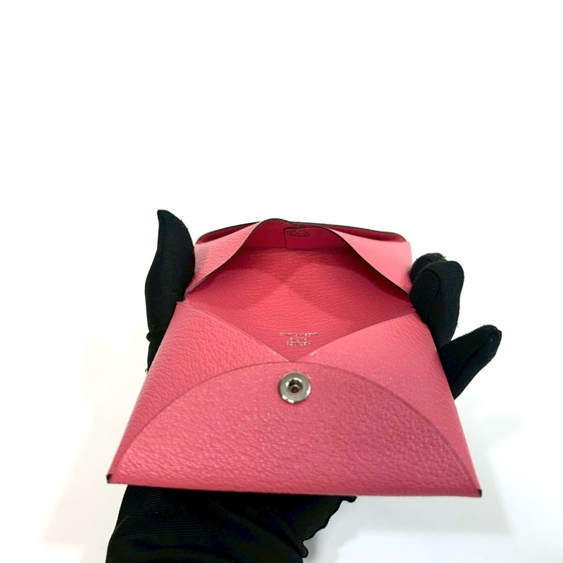 Hermes 8W杜鵑粉山羊皮calvi零錢卡包-6