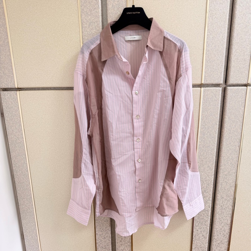 60)全新日本精品Jieda粉色條紋襯衫 寬鬆版M-XL皆可穿-0