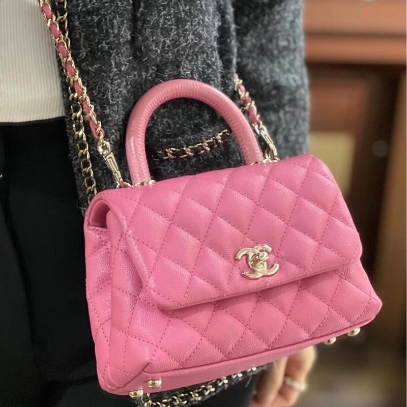 Chanel 香奈兒 coco handle 小號 粉色 荔枝紋牛皮 蜥蜴手柄 手提包 肩背包 斜背包 側背包 鏈條包-6