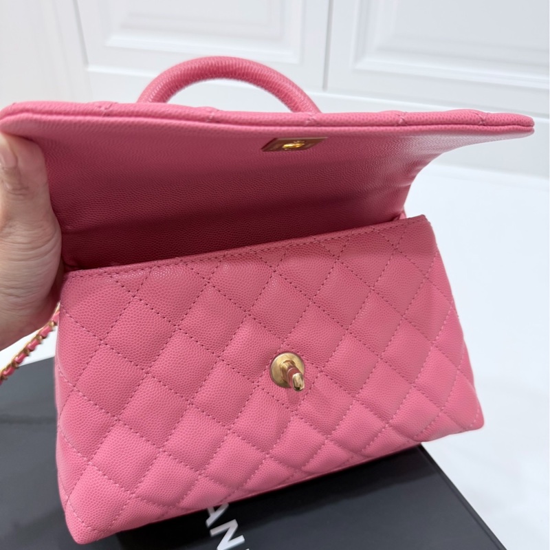 Chanel 香奈兒 coco handle 小號 粉色 荔枝紋牛皮 蜥蜴手柄 手提包 肩背包 斜背包 側背包 鏈條包-21