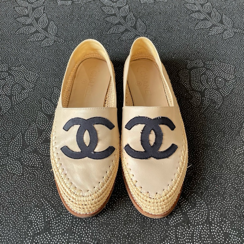 01866 chanel黑米黃皮質漁夫鞋38碼-1