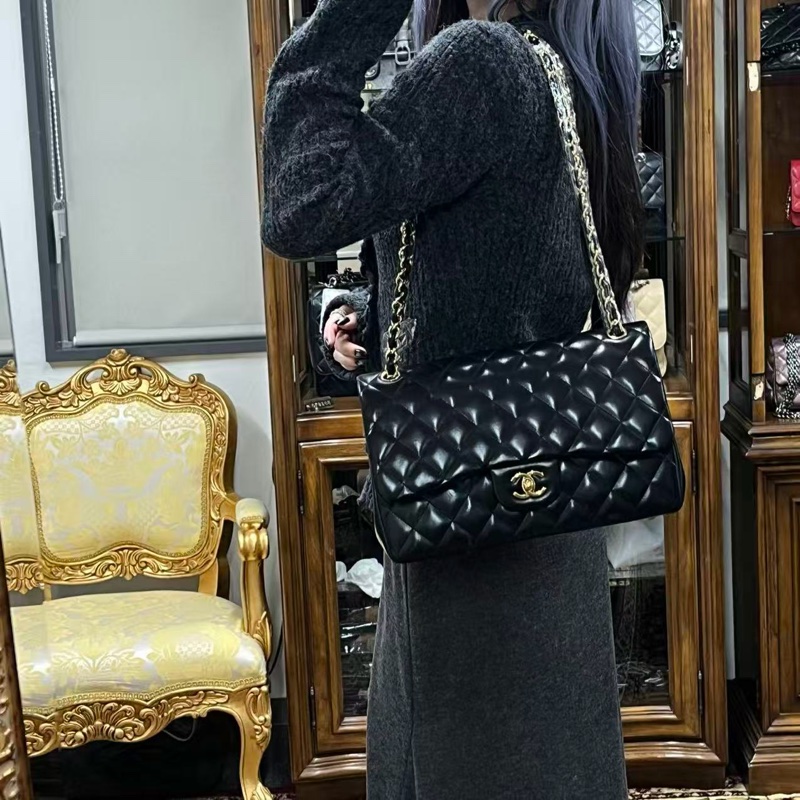 「JL精品代購」香奈兒黑金羊jumbo cf30 菱格飽滿-1