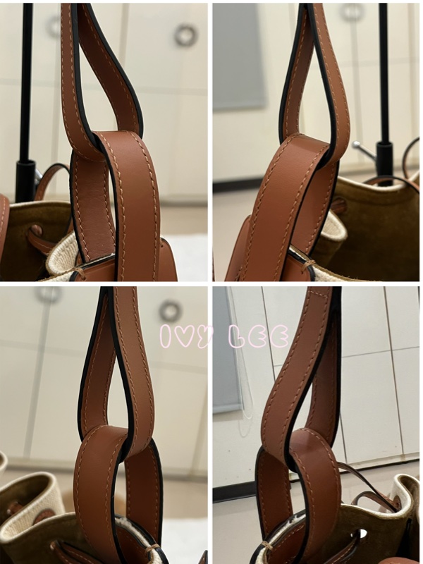 LOEWE 羅威 BALLOON 烙印LOGO帆布拼接小牛皮抽繩束口 斜背包 手提包 水桶包 咖啡 米色 正品 二手精品-7