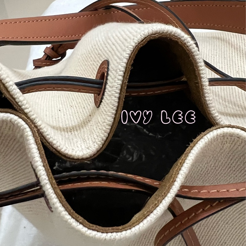 LOEWE 羅威 BALLOON 烙印LOGO帆布拼接小牛皮抽繩束口 斜背包 手提包 水桶包 咖啡 米色 正品 二手精品-10