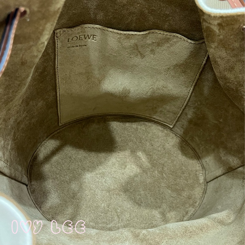 LOEWE 羅威 BALLOON 烙印LOGO帆布拼接小牛皮抽繩束口 斜背包 手提包 水桶包 咖啡 米色 正品 二手精品-16