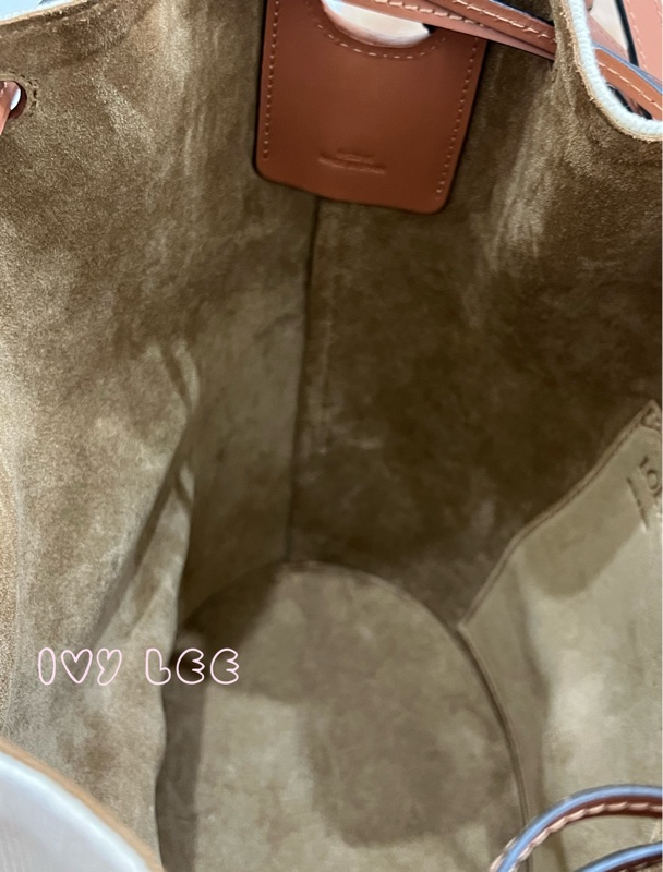 LOEWE 羅威 BALLOON 烙印LOGO帆布拼接小牛皮抽繩束口 斜背包 手提包 水桶包 咖啡 米色 正品 二手精品-17