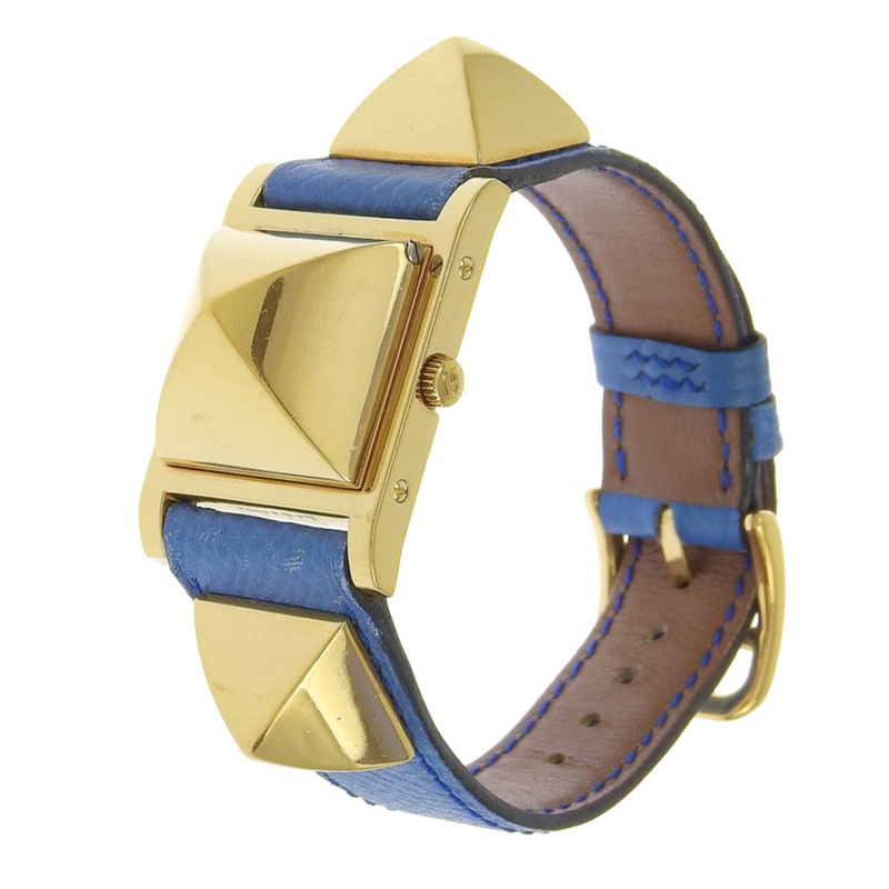 愛馬仕 Medor 女士腕錶，鍍金皮革錶帶，藍色石英機芯，指針式顯示，白色錶盤-1