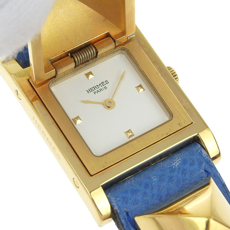 愛馬仕 Medor 女士腕錶，鍍金皮革錶帶，藍色石英機芯，指針式顯示，白色錶盤-2