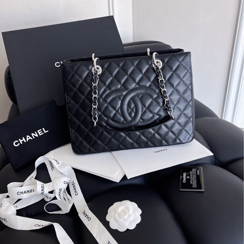 【近新閒置品】Chanel 香奈兒 gst 黑銀 荔枝紋皮 19開手提肩背包-0