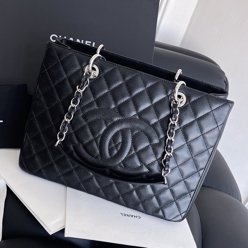 【近新閒置品】Chanel 香奈兒 gst 黑銀 荔枝紋皮 19開手提肩背包-2