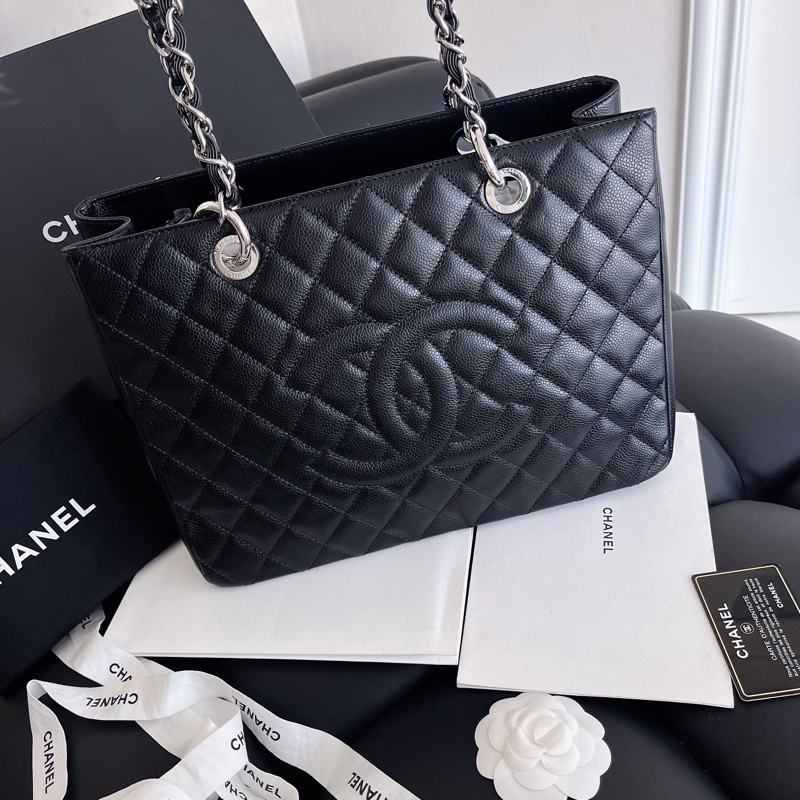 【近新閒置品】Chanel 香奈兒 gst 黑銀 荔枝紋皮 19開手提肩背包-6