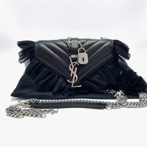 YSL黑色銀扣蕾絲邊mini郵差肩背斜背包17*11*4 98新配件塵袋