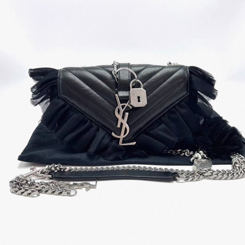 YSL黑色銀扣蕾絲邊mini郵差肩背斜背包17*11*4 98新配件塵袋-0