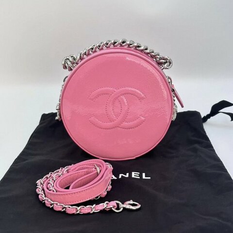 CHANEL 粉色銀扣漆皮限定貓頭鷹圓餅肩背斜背包 15.5*15.5*6.5 98新配件塵袋