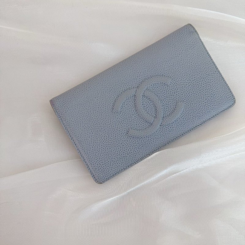 Chanel 香奈兒 雙層錢包 顆粒壓花小牛皮 錢包 霧霾藍色-0