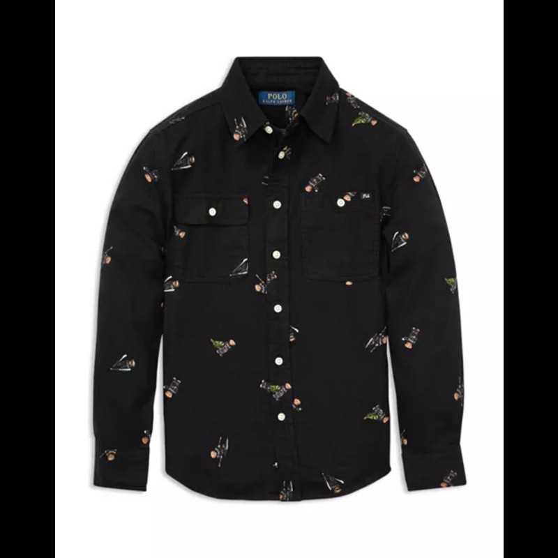 Polo Ralph Lauren Polo Bear 黑色 法蘭絨 滿版 小熊 襯衫 青年XL-1