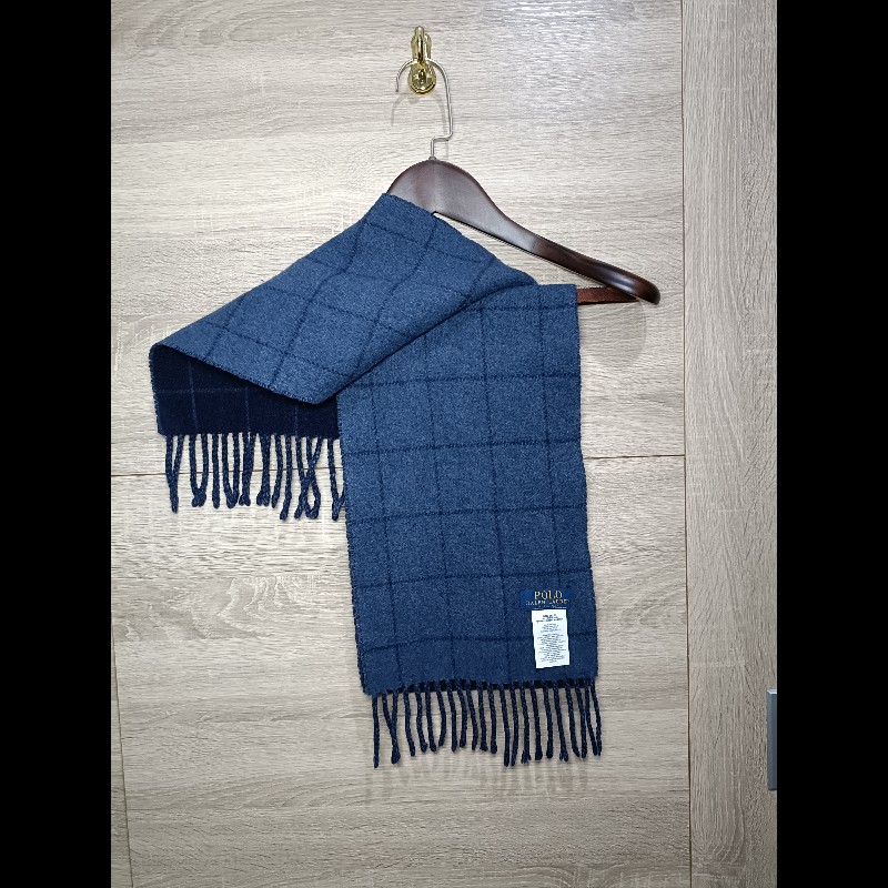 Polo Ralph Lauren RL 深藍 水藍 大格子 羊毛 圍巾-1