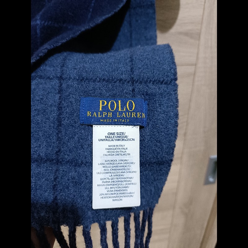 Polo Ralph Lauren RL 深藍 水藍 大格子 羊毛 圍巾-3