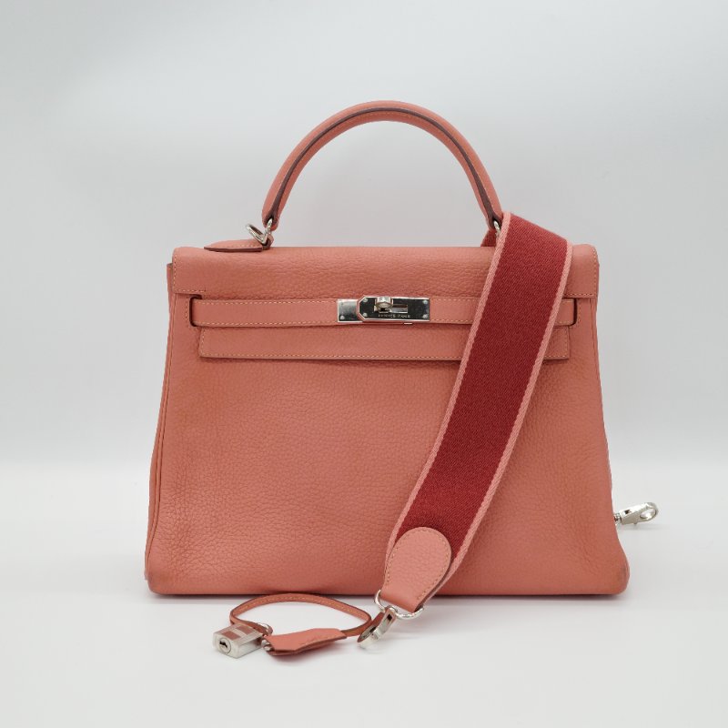 Hermès 愛馬仕 Kelly 32 橘粉色 銀扣 牛皮 手挽肩背兩用包-0