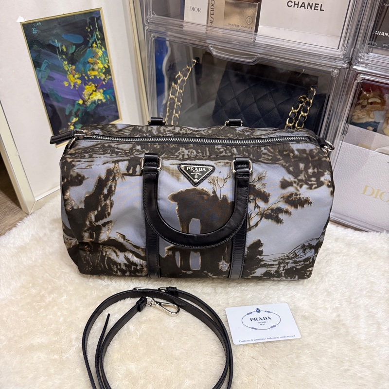 99新✨專櫃款七萬Prada經典黑色尼龍 藝術系列 防磨防潑水 超輕的降落傘布 斜背包 keep all、speedy、波士頓-23