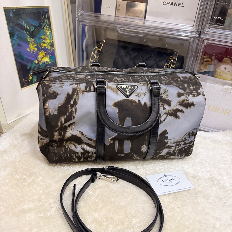 99新✨專櫃款七萬Prada經典黑色尼龍 藝術系列 防磨防潑水 超輕的降落傘布 斜背包 keep all、speedy、波士頓-24