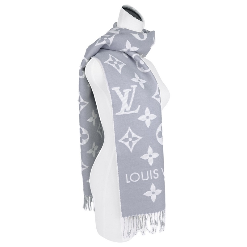 Essential Monogram 花紋雙色羊毛圍巾(淺灰/白色)-4