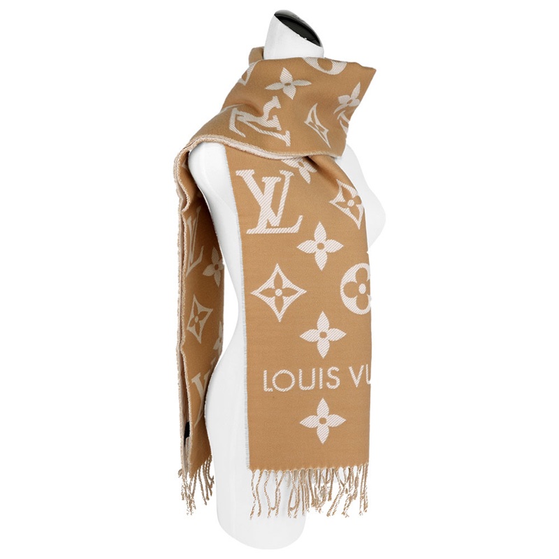 Essential Monogram 花紋雙色羊毛圍巾(米色/白色)-4