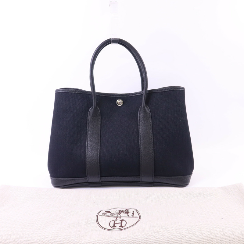 HERMES 帆布Garden Party TPM銀扣手挽袋Noir-16