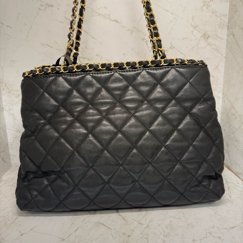 CHAMEL黑金牛皮滾邊鍊條托特單肩包/17-1