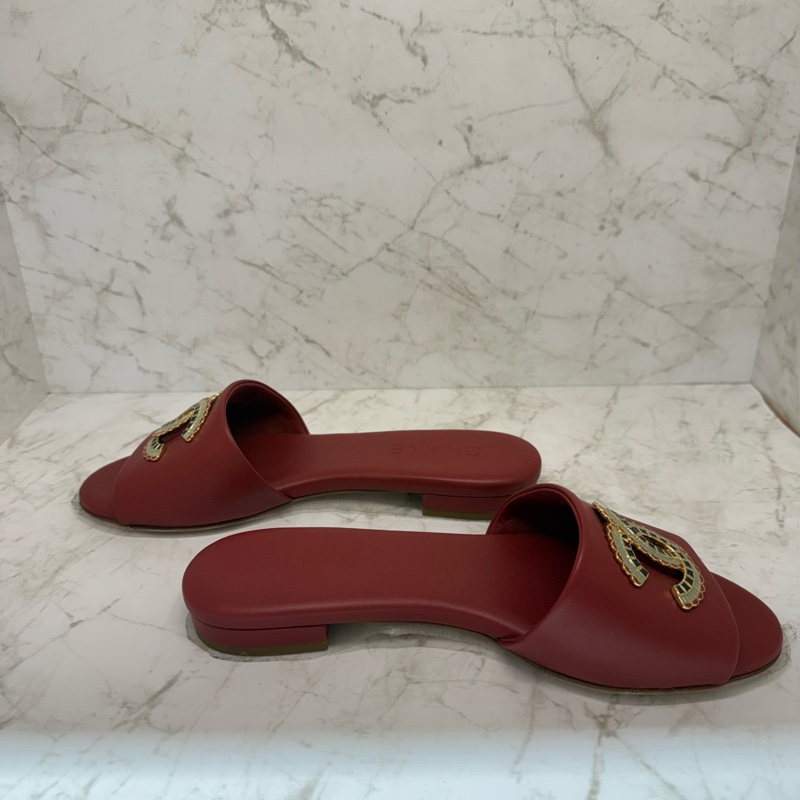 CHANEL紅色羊皮黑拚綠紅琺瑯LOGO拖鞋 _ 36.5-3