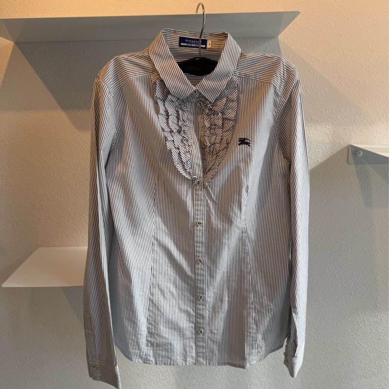 Burberry 黑直線條藍色長袖襯衫-0