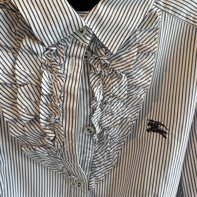 Burberry 黑直線條藍色長袖襯衫-2