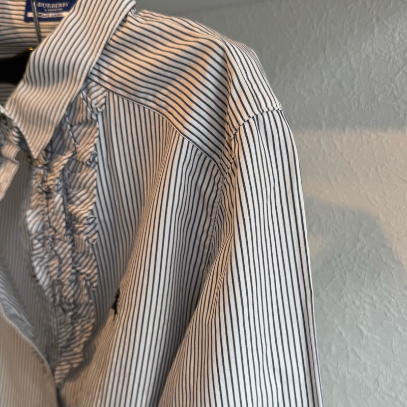 Burberry 黑直線條藍色長袖襯衫-6