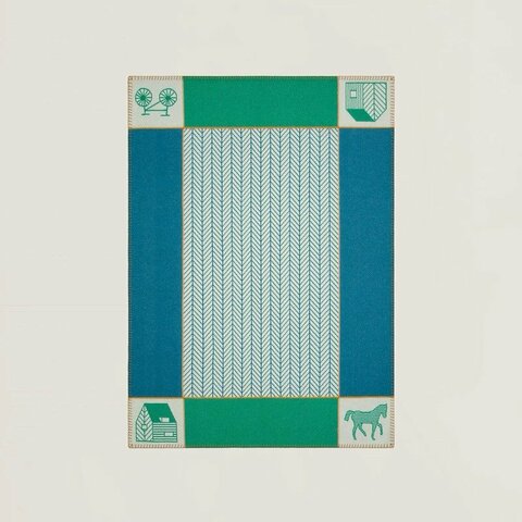 💕Hermes 愛馬仕 Avalon Les Cabanes 羊絨毛毯/藍綠色款/全新美品