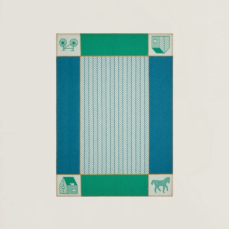 💕Hermes 愛馬仕 Avalon Les Cabanes 羊絨毛毯/藍綠色款/全新美品-0