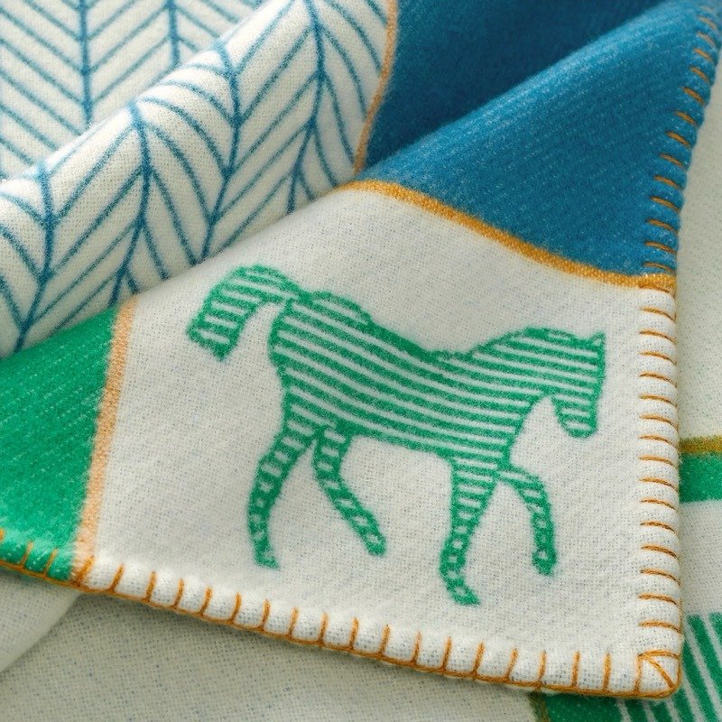 💕Hermes 愛馬仕 Avalon Les Cabanes 羊絨毛毯/藍綠色款/全新美品-2