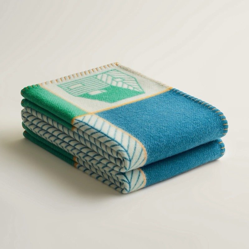 💕Hermes 愛馬仕 Avalon Les Cabanes 羊絨毛毯/藍綠色款/全新美品-3