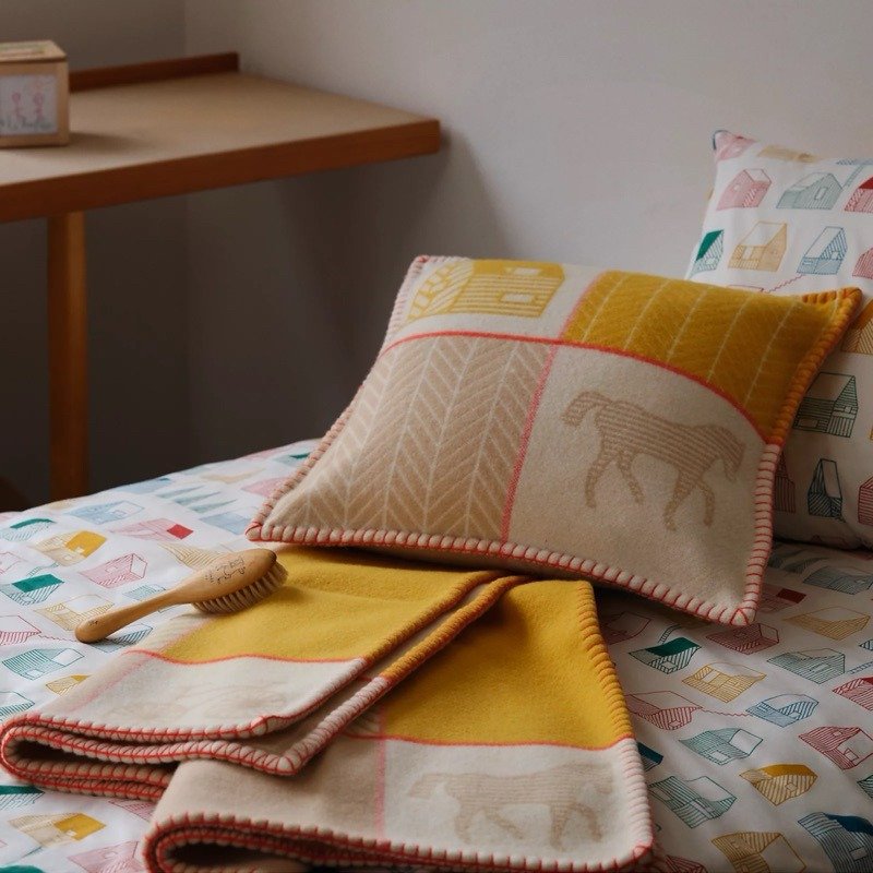 💕Hermes 愛馬仕 Avalon Les Cabanes 羊絨毛毯/藍綠色款/全新美品-4