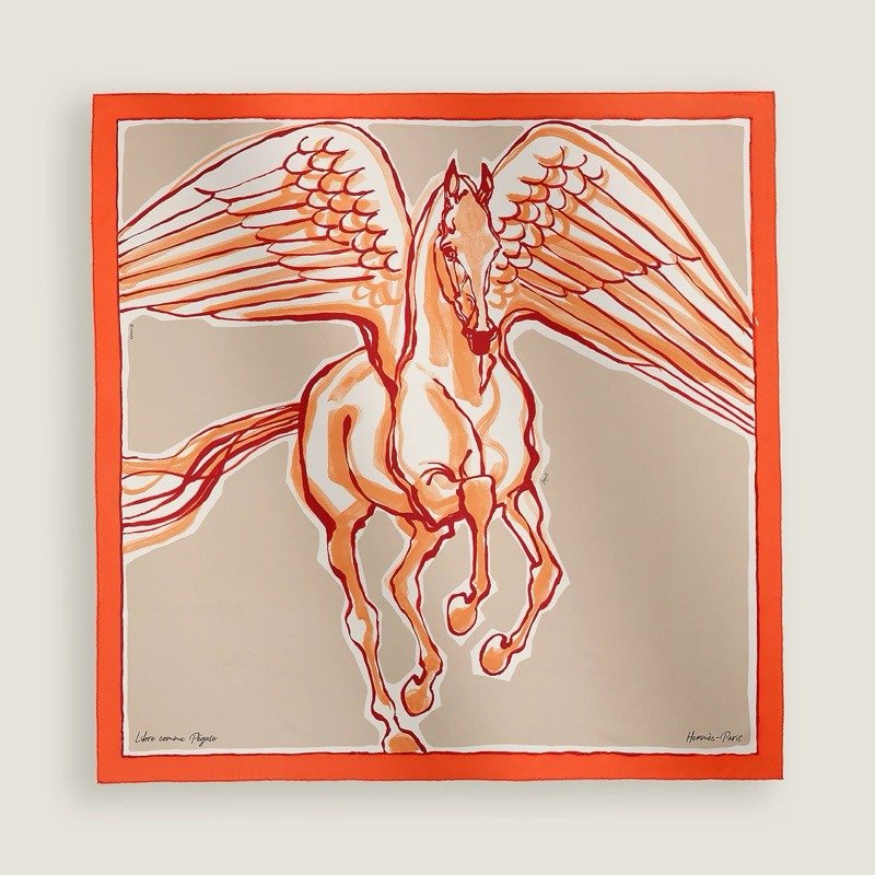 💕Hermes 愛馬仕 Libre Comme Pegase 新款飛馬絲巾/橘紅款/全新美品-0