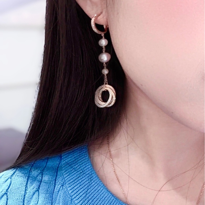 Cartier卡地亞 三色金三環滿鑽珍珠耳環，三色金搭配天然珍珠，很閃很美，少見的款式 可遇不可求-2