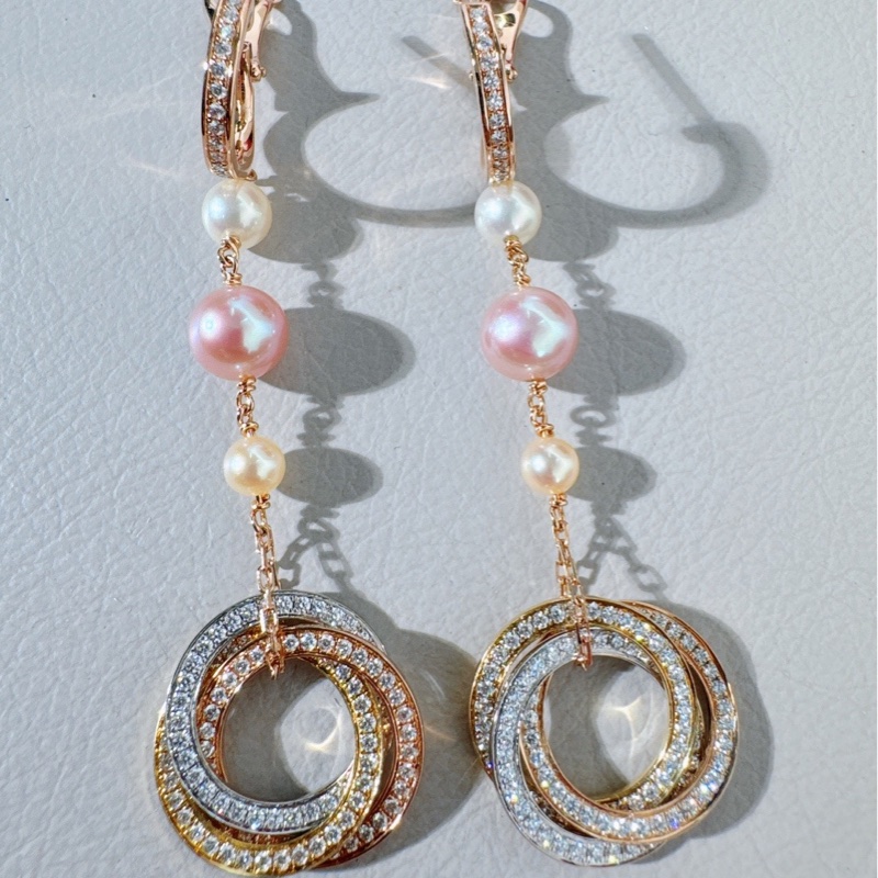 Cartier卡地亞 三色金三環滿鑽珍珠耳環，三色金搭配天然珍珠，很閃很美，少見的款式 可遇不可求-3