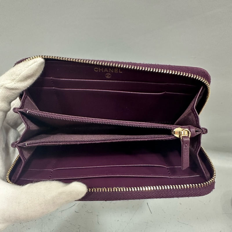 Chanel Ap0948 深紫色羊皮色雙C拉鏈中長夾 19-31
