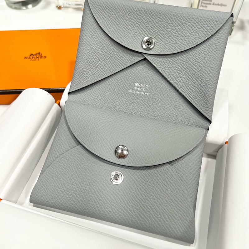 新品HERMES Calvi Duo 灰色零錢包-3